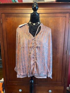 NEW Buddy Love Coral, Turquoise , Gold Treading Floral Button-Front Blouse Sz. S
